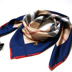 New Burberry Scarf with Tag Iconic House Check Beige with Blue Border Silk Scarf